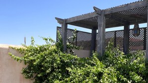 Uma pérgola com laterais em treliça, guarda-corpo metálico e vegetação cobrindo uma parede.