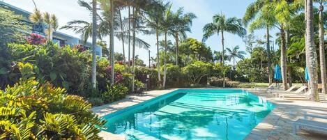 A rectangular swimming pool surrounded by palm trees and tropical plants, with lounge chairs and a building in the background.