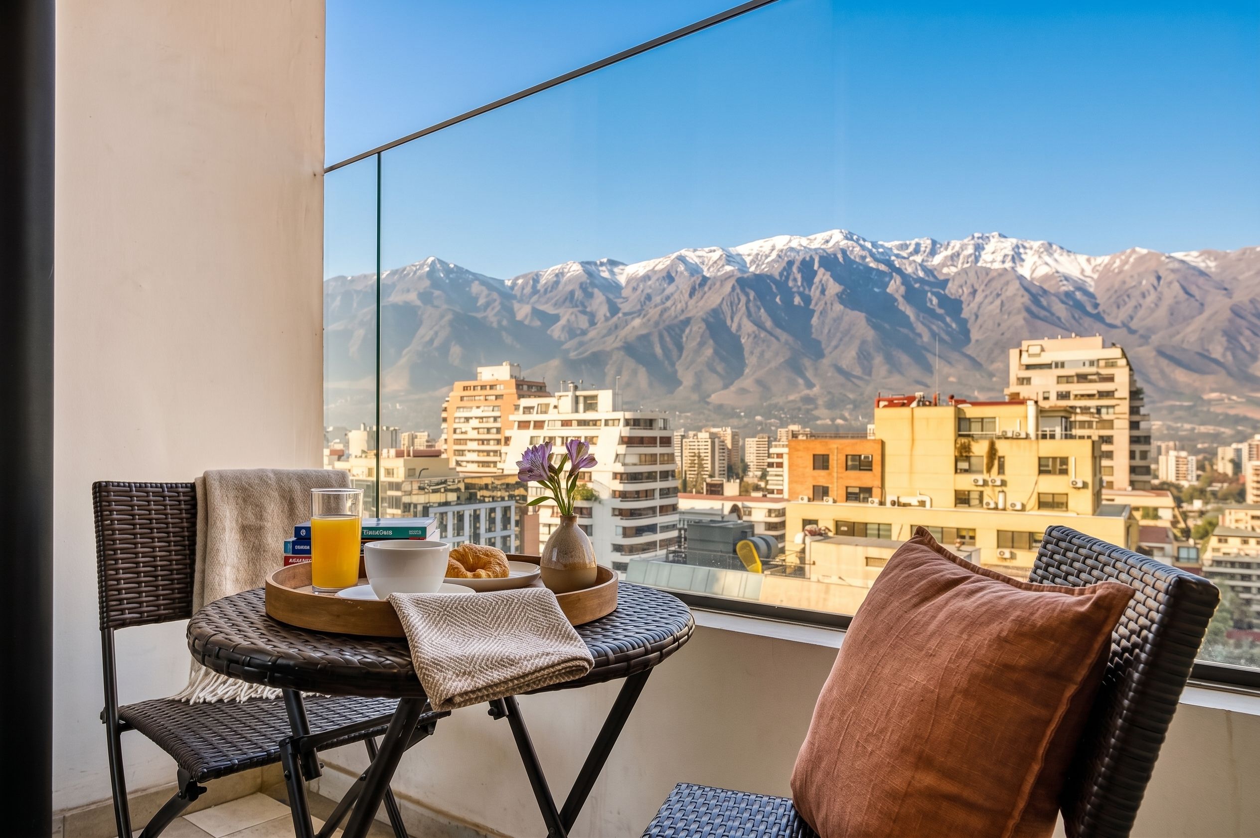 Varanda com mobiliário de vime, mesa de vidro e vista para montanhas cobertas de neve e edifícios da cidade.