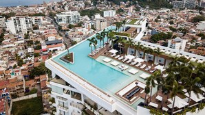 Une piscine sur le toit, avec des chaises longues, des palmiers et une vue sur le paysage urbain.