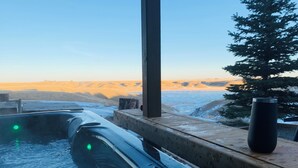 Una vasca idromassaggio con vista su un paesaggio innevato e un albero.
