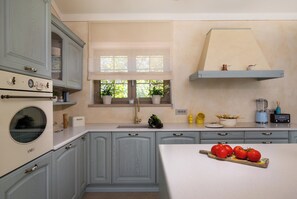 A kitchen with a built-in oven, a sink, and a window with plants. - Villa Da Ella (Istria - Krnica) (Krnica)