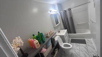 Secador de cabelo, toalhas de banho, papel higiênico