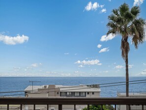 Blick auf die Küste mit einer Palme, einem Gebäude mit flachem Dach und dem Meer im Hintergrund.