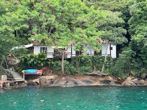 A house with a staircase leading to a dock, surrounded by lush greenery and a body of water.