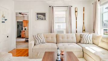TV, fireplace, books, offices