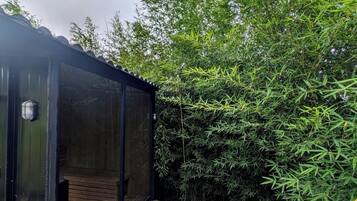 Un espacio exterior moderno y cerrado con puerta de vidrio, rodeado de abundante follaje de bambú.