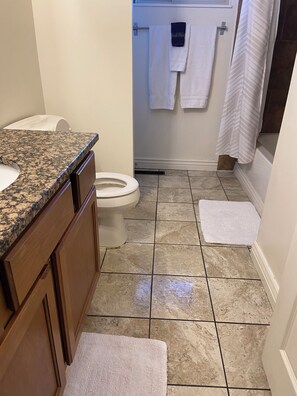 Secadora de cabello, toallas, jabón, papel de baño 