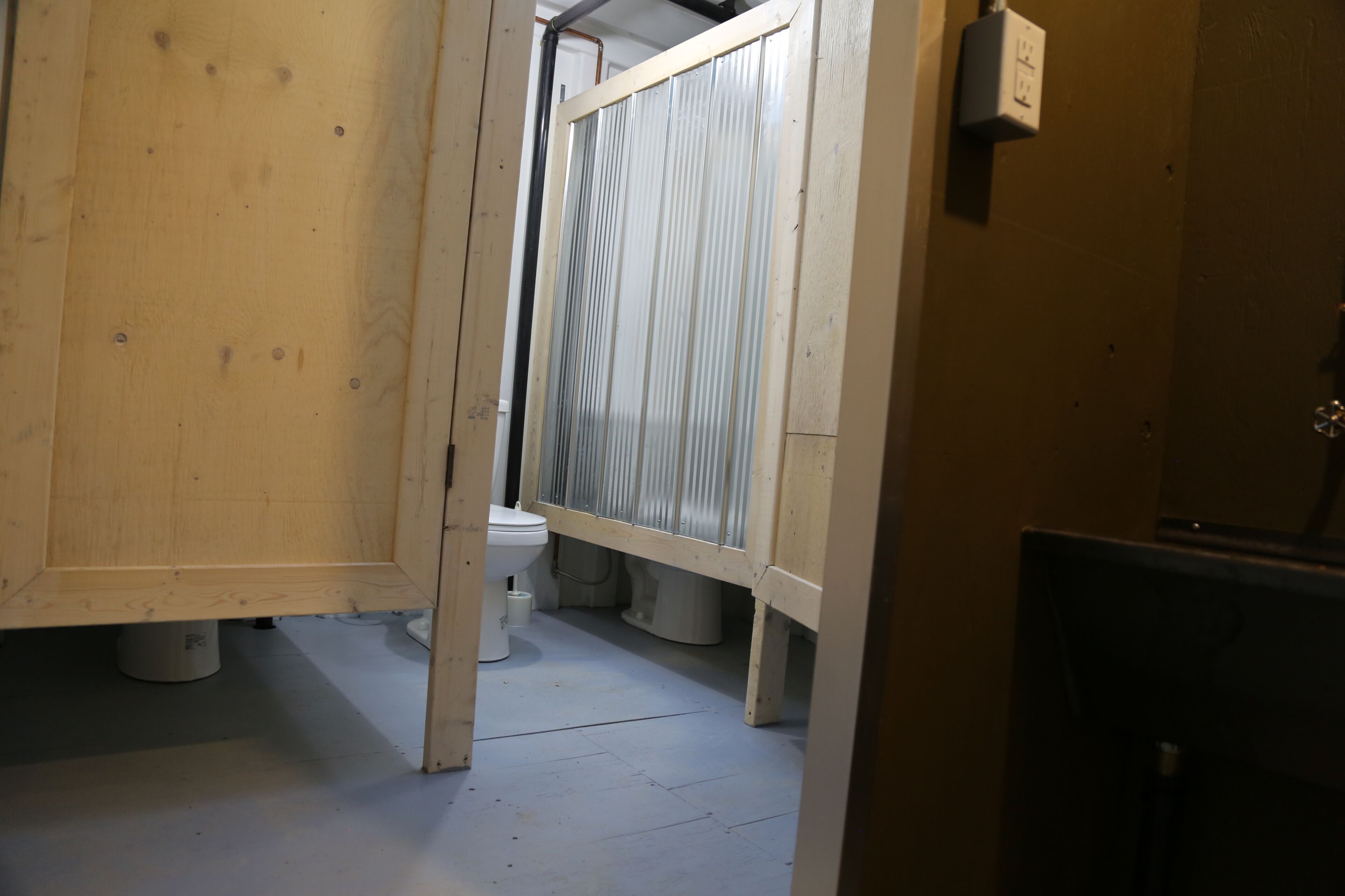 A narrow bathroom with a wooden door, a toilet, and a shower enclosure.