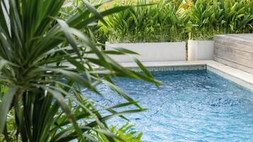 A swimming pool surrounded by lush greenery and white planters.