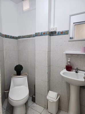 A bathroom with a toilet, a sink, a trash bin, and a small potted plant. - 2-Bedroom Apartment in Historic Downtown Lima (Lima)