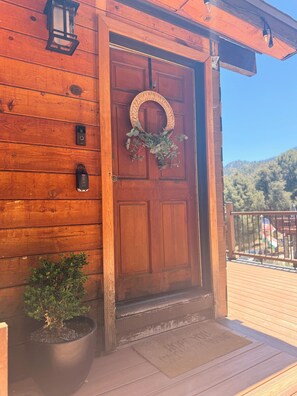 Una puerta de madera adornada con un adorno de guirnalda, una planta en maceta y un felpudo.