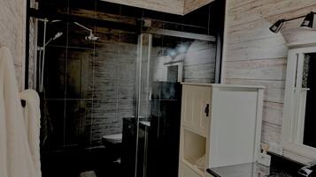 Shower, hair dryer, towels, soap
