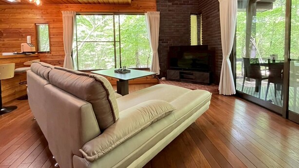 Interior de una cabaña con sofá, televisión y paredes de madera.
