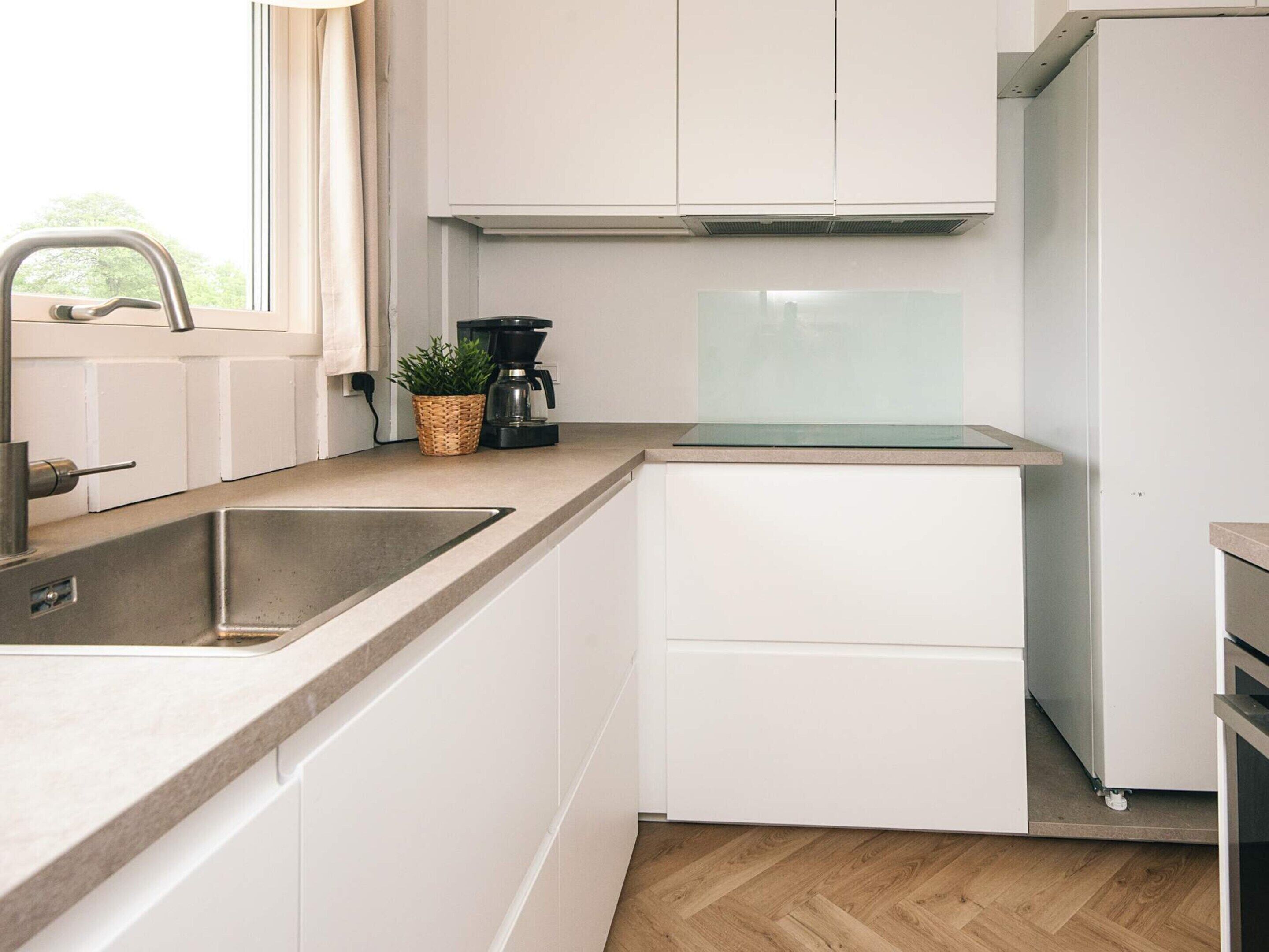 Een moderne keuken met een spoelbak, een koffiezetapparaat en een potplant.