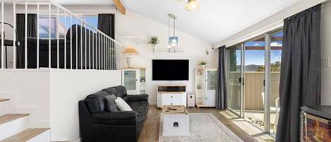 Fireplace, DVD player, books, stereo