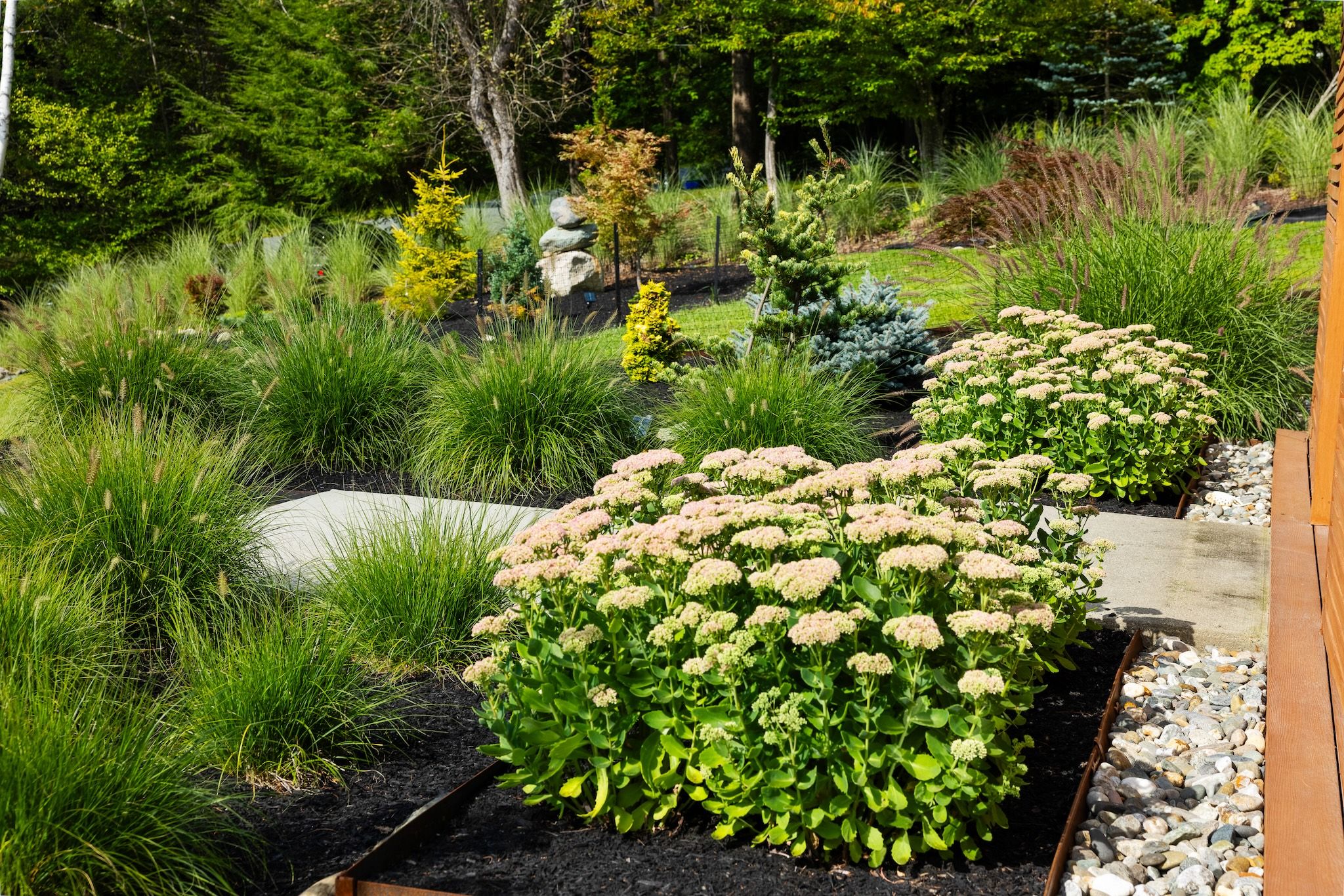 Un jardin avec différentes espèces de plantes et une structure en pierre.