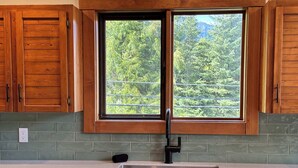 Une cuisine avec des meubles de rangement en bois, un évier à deux bacs et une fenêtre donnant sur les arbres.