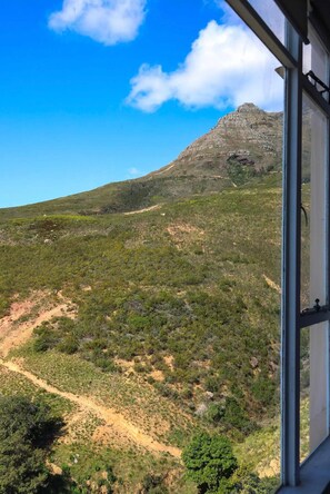 Blick auf einen Berg durch ein Fenster, mit blauem Himmel und einem unbefestigten Weg, der hinaufführt.