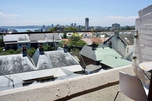 Blick vom Dach eines Gebäudes mit mehreren Dächern, im Hintergrund eine Stadtlandschaft und ein klarer Himmel.