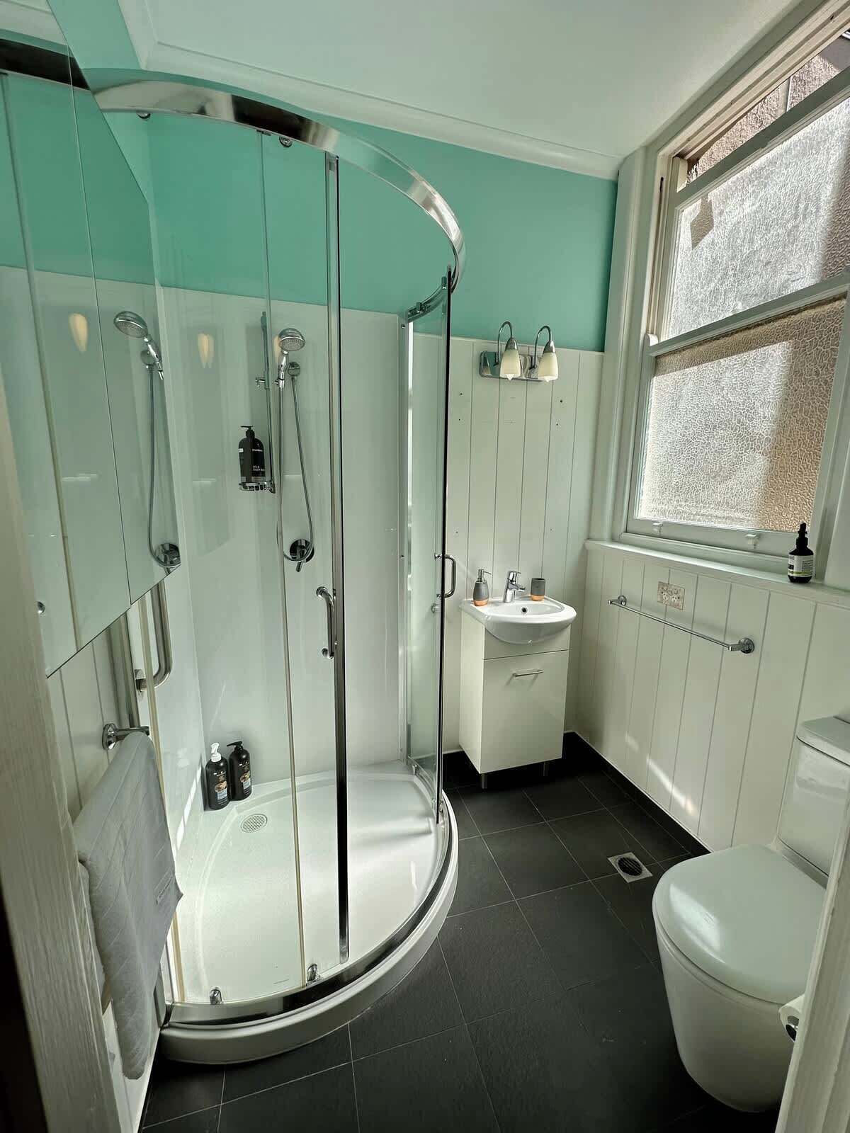 Shower, hair dryer, towels, shampoo