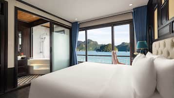 Premium bedding, desk, laptop workspace, soundproofing