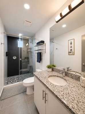 Ein modernes Badezimmer mit einer gläsernen Duschkabine, Toilette, Waschbecken mit einer Granitplatte und einem Spiegel mit Rahmenbild.