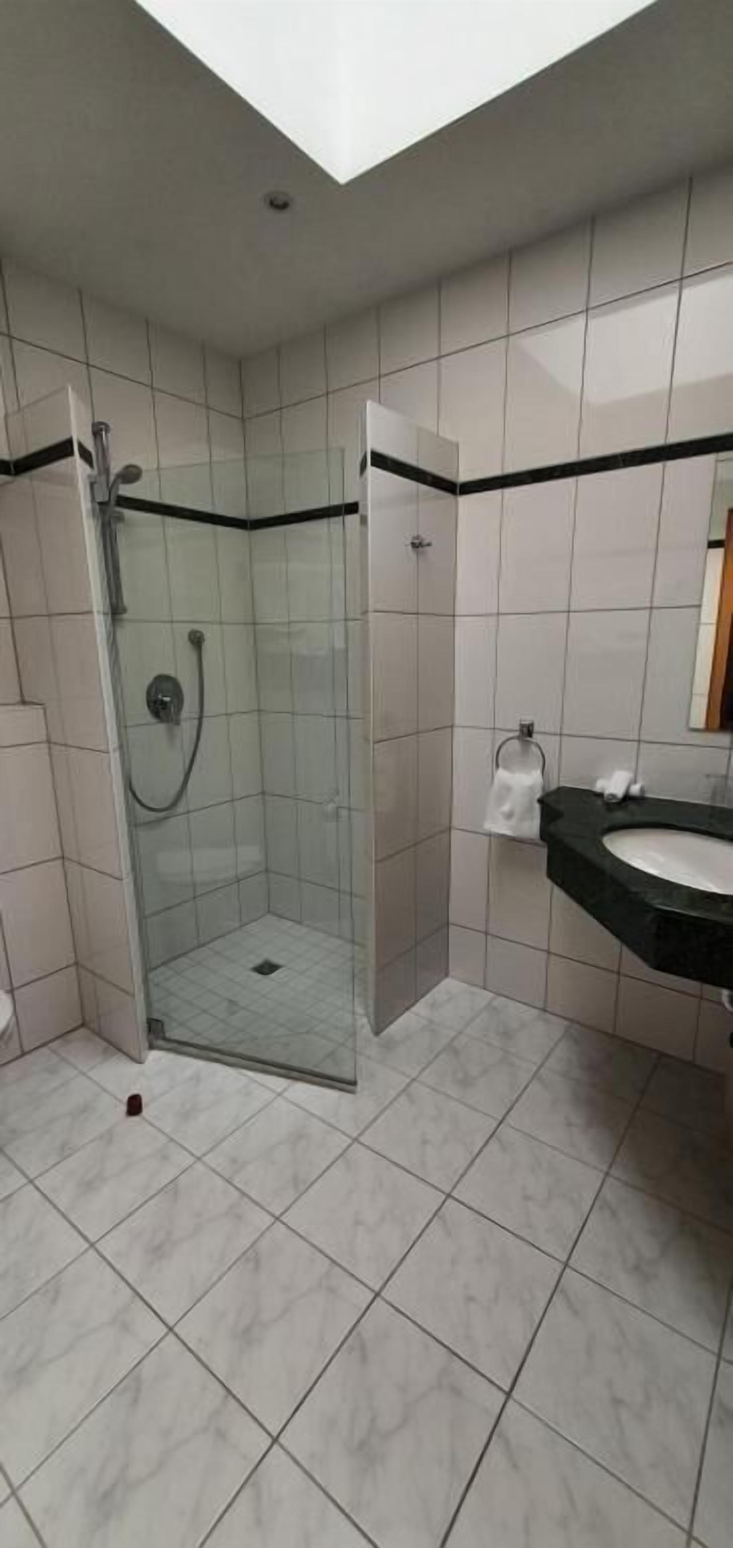 A bathroom with a glass-enclosed shower, a sink, and a mirror.