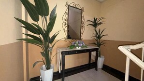 Um corredor com uma mesa consola preta, um espelho e duas plantas em vasos.