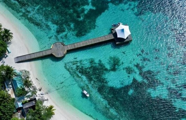 An aerial view of a beach with a wooden pier leading to a white structure, likely a hotel or resort. - Cozy Arts Dhangethi (Dhangethi)