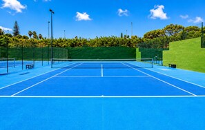 Un court de tennis avec un filet, entouré d’une clôture verte et d’arbres.