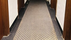 Un pasillo de hotel con puertas de madera, una alfombra estampada y una lámpara en el techo.