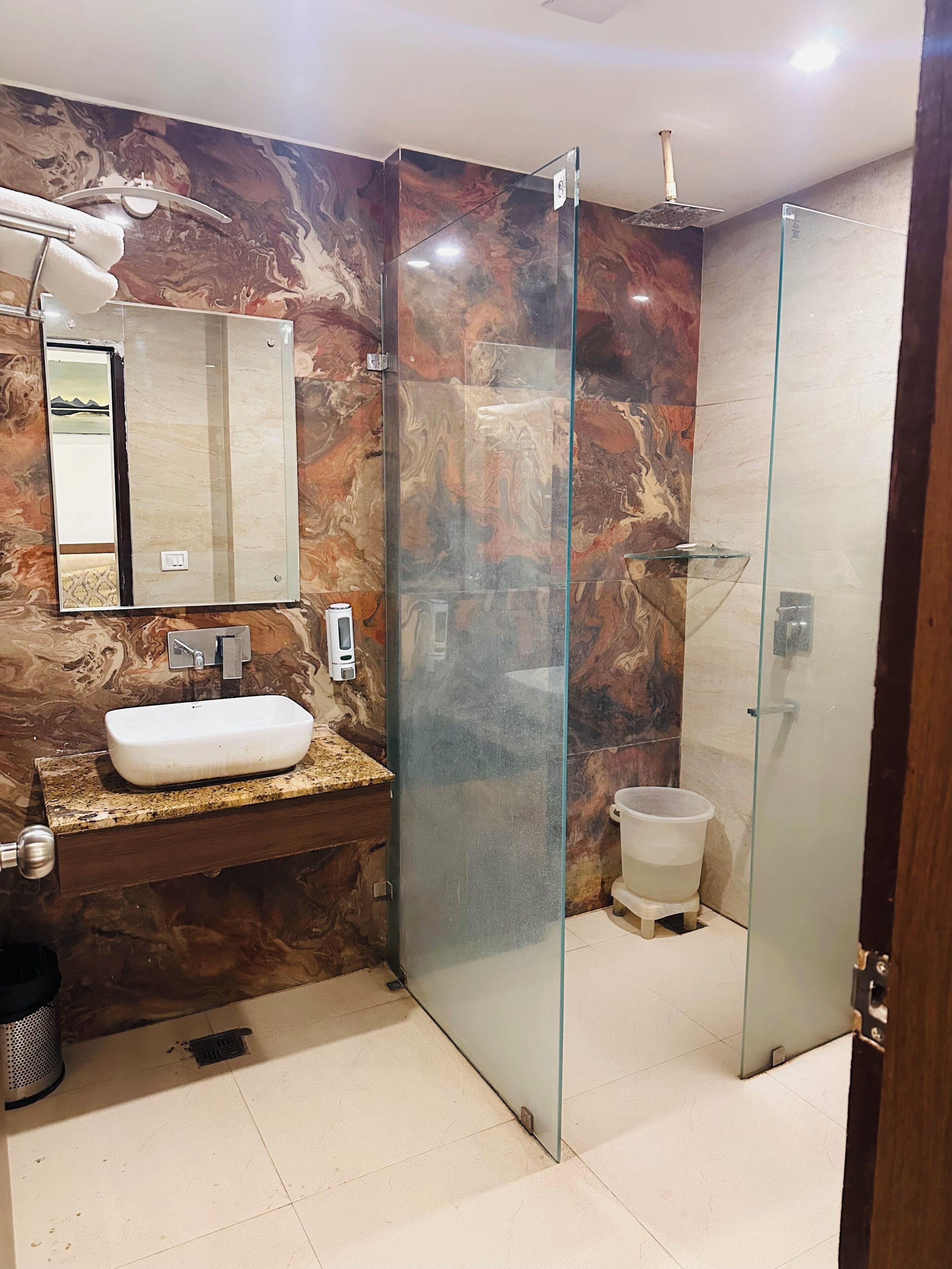 Shower, towels, soap, shampoo