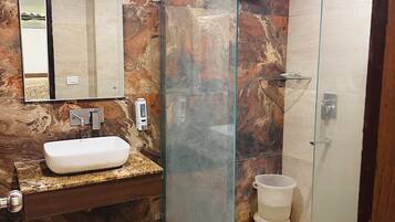 Shower, towels, soap, shampoo