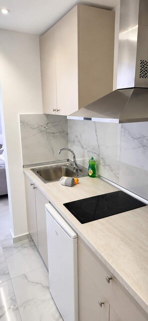 Eine moderne Küche mit eingebautem Geschirrspüler, einer Edelstahl-Spüle und einem schwarzen Induktionskochfeld.