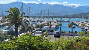 A marina with boats, palm trees, and mountains in the background. - 3-room apartment with a view of the Citadel, a terrace, and a free garage, just 500 meters from the sea! (Calvi)