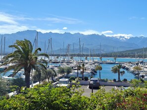 A marina with boats, palm trees, and mountains in the background. - 3-room apartment with a view of the Citadel, a terrace, and a free garage, just 500 meters from the sea! (Calvi)