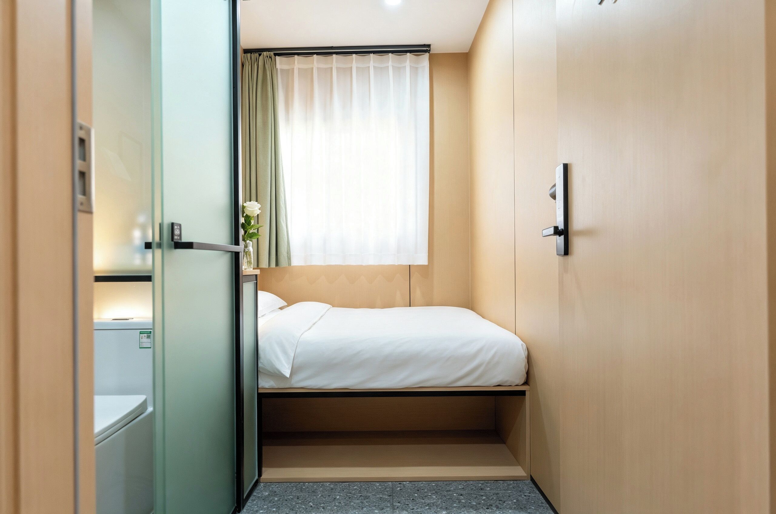 A compact room with a bed, a small window with curtains, a door, and a wall-mounted light fixture.