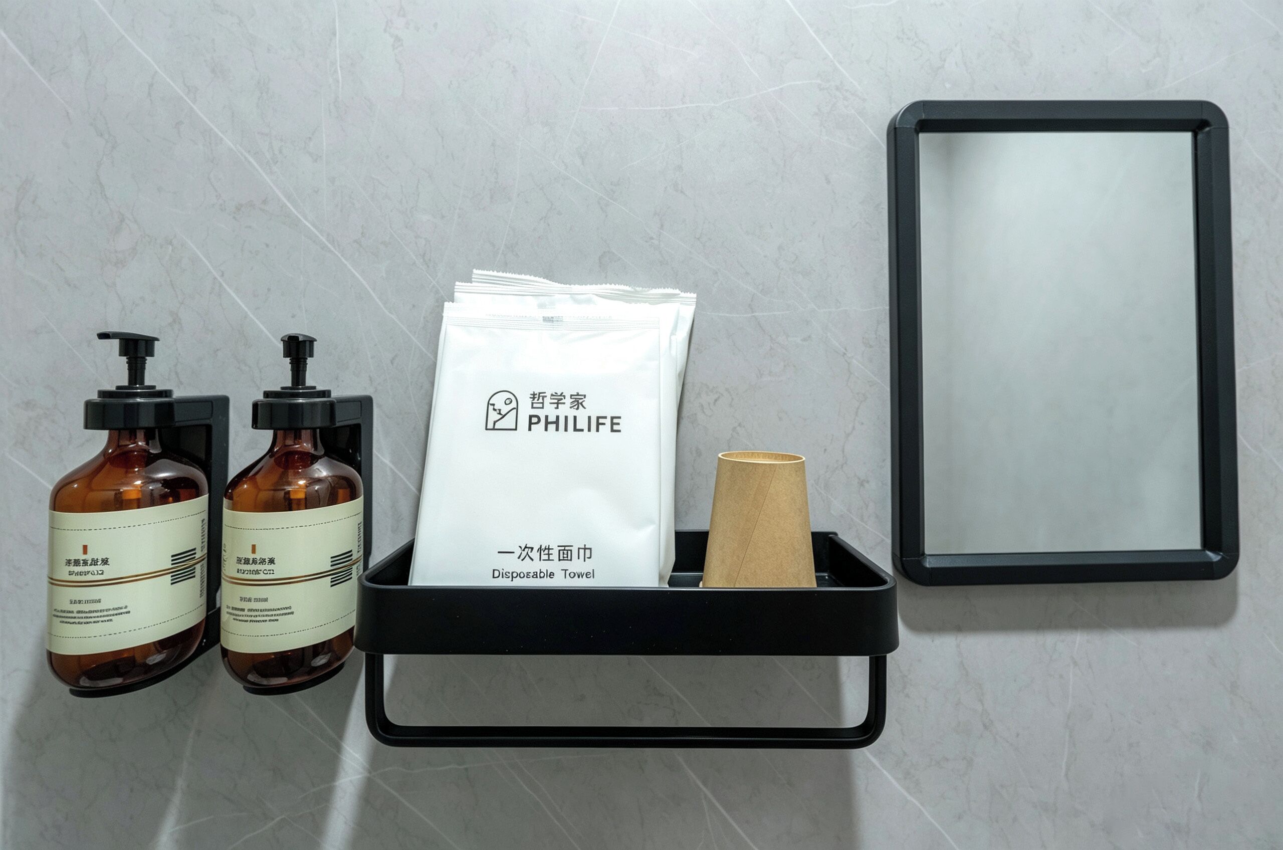 A bathroom with a black towel rack holding a disposable towel, two bottles of liquid, and a black-framed mirror.
