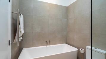 Shower, hair dryer, towels, shampoo
