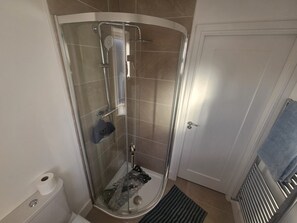 A bathroom with a glass-enclosed shower, a toilet, a towel rack, and a radiator. - Ensuite room to lett (Dublin)