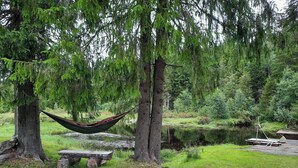 Un'amaca tra gli alberi, una panchina di legno e un pontile su un lago tranquillo.