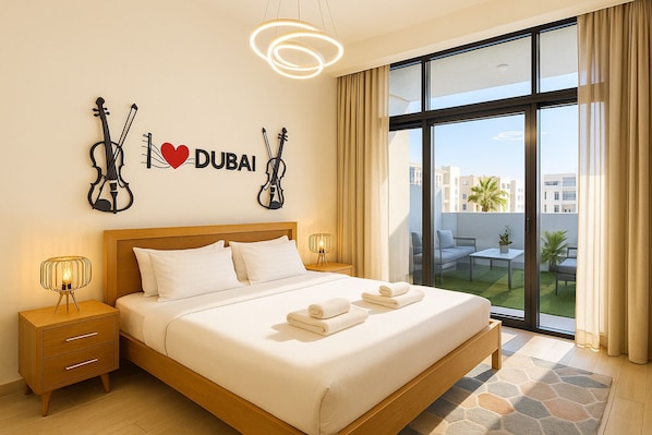 A hotel room with a bed, two bedside tables, a wall with musical instruments and 'I ♥ DUBAI' sign, and a view of the outdoors. - Pure Voyage Azizi Riviera (Dubai)