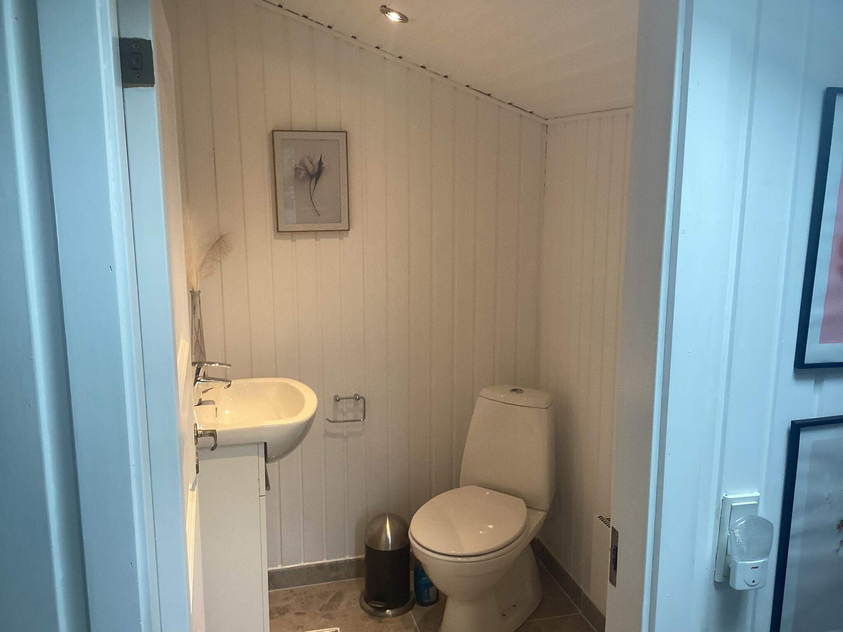 A small bathroom with a toilet, sink, and a trash bin.