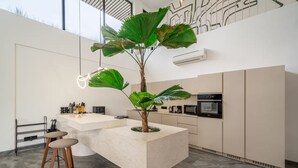 Une cuisine moderne avec un îlot central, des tabourets de bar et une plante en pot.