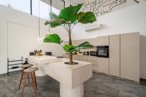 Eine moderne Küche mit einer zentralen Kochinsel, Barhocker und einem Blumentopf.