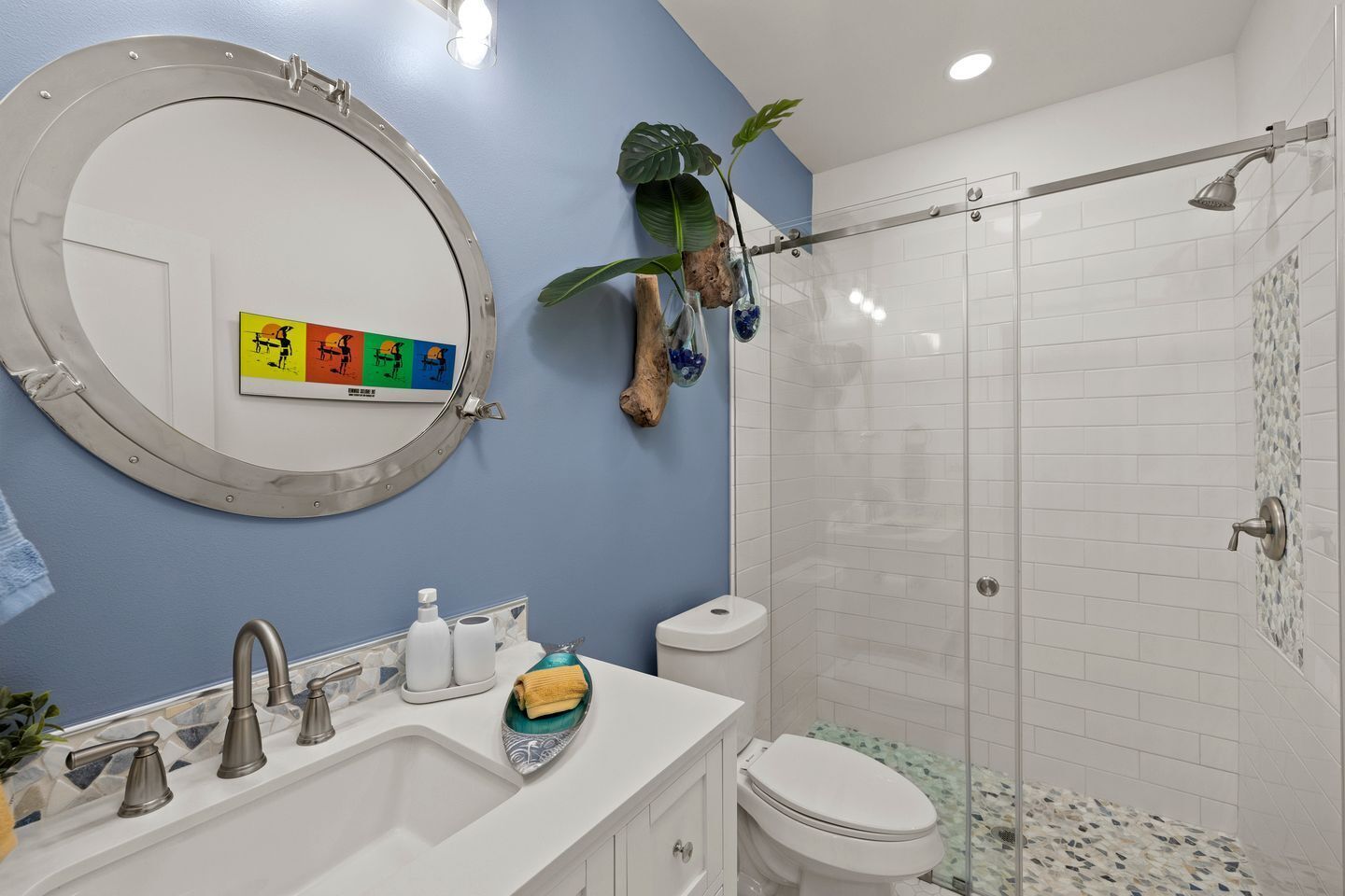 Hair dryer, towels, soap, shampoo