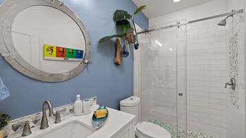 Hair dryer, towels, soap, shampoo