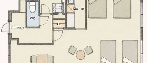 A floor plan with a bathroom, powder room, WC, kitchen, dining area, and two bedrooms.