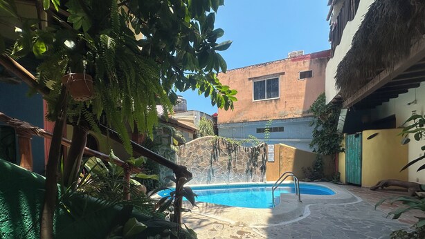 Piscina rodeada por vegetação exuberante e um terraço com ladrilhos de pedra.